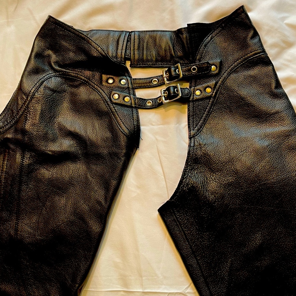 First Classics brand motorcycle chaps in black size small with leather laces.